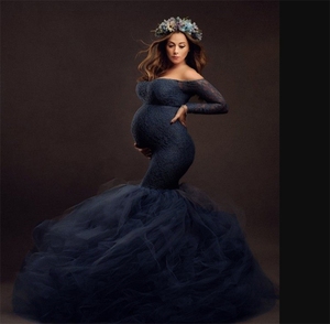 Mujeres embarazadas y ropa de vestir hasta el suelo, vestido de mujer <span class=keywords><strong>embarazada</strong></span> con bordado artístico, vestido de encaje elegante - Product Image 2