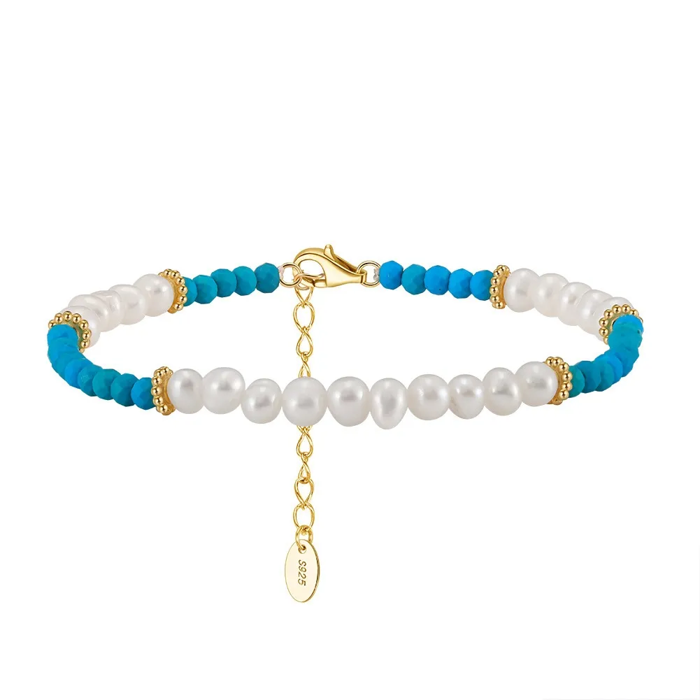 Melynn turquoise 3.5-4mm freshwater pearl bracelet 925 sterling silver bracelet fashion gold plated silver jewelry