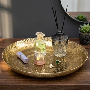 Plateau décoratif rond moderne plaqué or avec motif abstrait gravé pour le rangement de cosmétiques et la décoration intérieure - Product Image 5