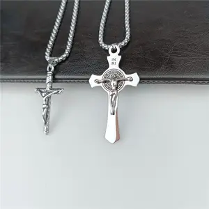 Pendentif Croix en Acier Titane Jésus-<span class=keywords><strong>Christ</strong></span>, Lettrage Huilé Biblique, Collier Gothique en Acier Inoxydable pour Homme, Vente en Gros - Product Image 1