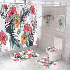Hawaïen Hibiscus Fleur <span class=keywords><strong>Palmier</strong></span> Tortue <span class=keywords><strong>Feuille</strong></span> Botanique Tissu 4 pcs Rideau De Douche Tropical avec Crochets - Product Image 4