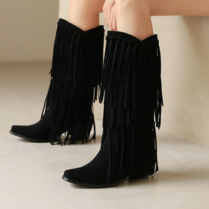 SHIKOL <span class=keywords><strong>botas</strong></span> hasta la rodilla para <span class=keywords><strong>mujer</strong></span> con flecos de talla grande 16 moda al aire libre país desierto fiesta señoras vaquera occidental mujeres <span class=keywords><strong>botas</strong></span> de vaquero - Product Image 2