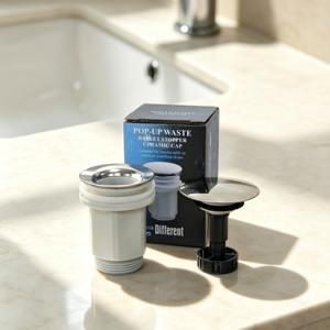 Goulotte de lavabo escamotable G1 1/4 avec panier anti-colmatage et trop-plein en acier inoxydable et plastique pour lavabo de salle de bain, système Click Clack - Product Image 2