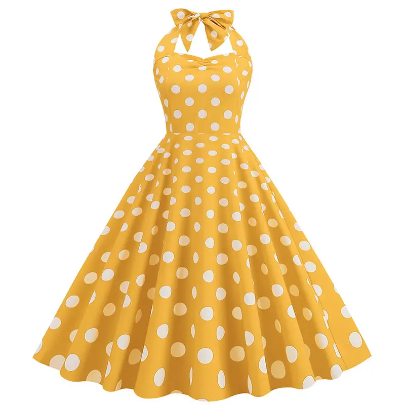 2022 vintage clothing New fashion polka-dot mid length robe retro Hepburn style print large swing dress for women