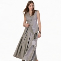 Robes d'été de bureau pour femmes Robes élégantes à col en V et taille haute Robes plissées à la mode Robe sans manches à fermeture éclair