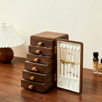 Armoire à bijoux artisanale en noyer avec incrustation de chat, organisateur de bijoux à porte unique, boîte de rangement en bois avec serrure