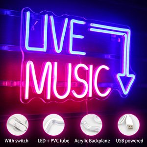 Enseigne au néon de musique live, grandes lettres LED bleues et roses pour studio de musique, bar à domicile, pub, alimentée par USB avec interrupteur, décoration murale - Product Image 3