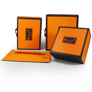 Custom Orange One Piece Folding Gift Box With Leather Bag Cardboard Ribbon Gift Packing Box