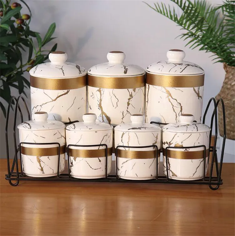 Pots à épices en porcelaine avec support en métal, 7 pièces, ensemble de condiments et sel, design Unique, pour la cuisine, utilisé