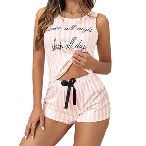 9002 Women Striped Sleep All Day Printed Nightwear Silk Two Piece Pajama Set Women