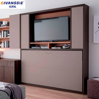 Cama Murphy Horizontal Moderna con Plataforma de Madera de Roble, Mueble para TV, Librería, Vinoteca y Vitrina Integrados para 2 Personas
