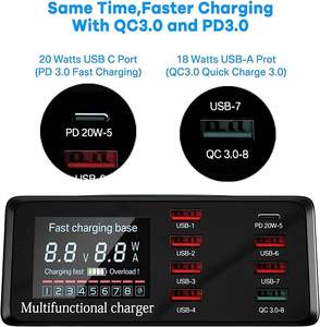Настольная зарядная станция 100 Вт с 8 портами QC3.0 PD Type-C, многопортовое USB-устройство для быстрой зарядки с беспроводной зарядкой для мобильных телефонов - Product Image 3