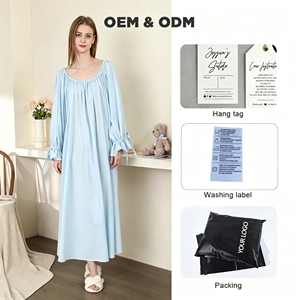 Vente en gros : Robe de nuit longue en coton tricoté pour femme, collection Printemps-Été, couleur unie, col ample, manches longues, style loungewear - Product Image 3