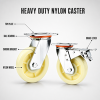 Roulettes pivotantes robustes en nylon jaune à roulement à billes, 4,5 pouces, 300 kg, avec frein de blocage total, pour chariots d'atelier et d'usine, vente en gros