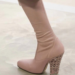 Retro Style Women Stretch Leather Knee High Boots <b>Round</b> <b>Toe</b> Cut Out Chunky <b>Heels</b> Shoes Girl's Side Zipper Long Booties - Product Image 5