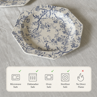 Service de vaisselle en porcelaine sous glaçure bleu et blanc à motifs floraux, style vintage français, assiettes, bols, plateaux, compatible micro-ondes, personnalisable, vente en gros