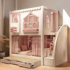 Lit superposé moderne en bois massif en forme <span class=keywords><strong>de</strong></span> château bleu et rose avec échelle, rangement et main courante - Product Image 5