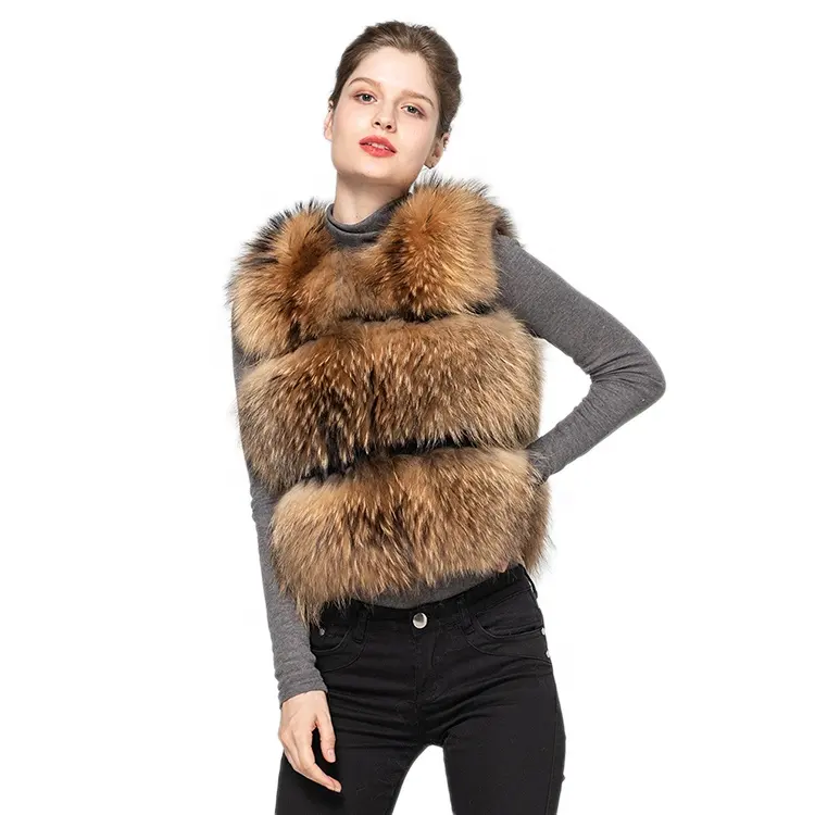 新しいファッション冬3列プラスサイズの毛皮ジレ女性本物のアライグマの毛皮のベスト