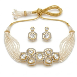 Modern 925 <b>Silver</b> Pearl <b>Choker</b> Necklace Set Designer Geometric Jewelry Elegant Earrings for Women Collection - Product Image 3