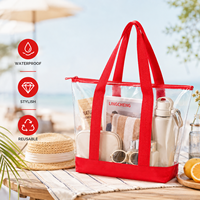 Sac de plage en PVC rouge transparent personnalisé de grande capacité, sac de rangement pour maquillage en plastique durable avec fermeture éclair, pour le shopping et les voyages