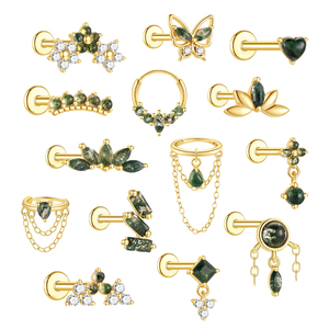 Boucles d'Oreilles en Titane G23 Goutte d'Eau Marquise Agate Mousse Naturelle Clous Populaire Perçage Fileté à Tête Plate Bijoux Femme - Product Image 1