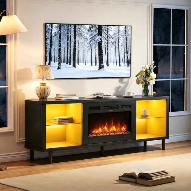 Electric Fireplace TV Stand for 82" TVs Wood Storage Media TV Stand with Fireplace for Bedroom & Apartment