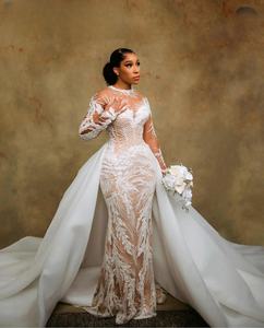 2025 árabe Aso Ebi de talla grande ilusión sirena marfil <span class=keywords><strong>vestido</strong></span> de novia con cuentas lentejuelas encaje vestidos de novia vestidos - Product Image 4