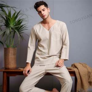 Camicia da <span class=keywords><strong>uomo</strong></span> con scollo a V e pantaloni da Yoga Casual pigiami da <span class=keywords><strong>uomo</strong></span> in lino di cotone - Product Image 4