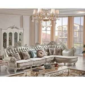 优雅香槟白色经典火鸡沙发套装客厅家具顶级粒面真皮沙发