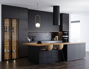 Furnitur rumah mewah lapisan kayu kenari Modular warna hitam Matt pintu kaca lemari dapur desain Modern - Product Image 6