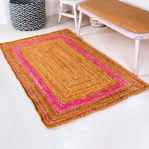 Bohemian <b>Braided</b> Jute Area Rug Rectangle Flat Weave <b>Pink</b> Orange Handcrafted Living Room Home Decor - Product Image 1