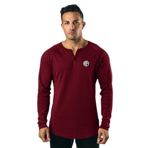 Toptan koşu düğmeleri V boyun T-shirt spor uzatmak sonbahar uzun kollu Tees erkekler Slim Fit pamuklu spor vücut geliştirme gömlek Tops - Product Image 1