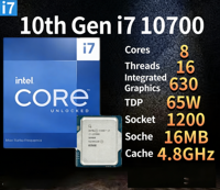 Pour processeur de bureau Core I7-10700 2,9 GHz 8 cœurs 16 threads 16 Mo de cache L3 LGA 1200 65 W TDP avec graphismes intégrés