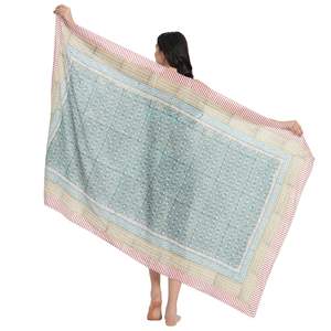 Pareo de Algodón con Estampado a Mano en Verde Porcelana y Amarillo Crema para Mujer, Ligero para Usar en la Playa y en el Resort en Verano - Product Image 1