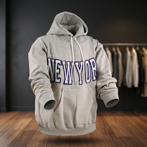 Sweat-shirt à capuche gris pour homme avec imprimé lettres New York et poche kangourou - Product Image 2