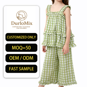 Set Pigiama Estivo Casual a Quadretti per Ragazze Canotta con Volant e Pantaloni a Gamba Larga 100% Poliestere Traspirante Leggero Abbigliamento da Casa - Product Image 1