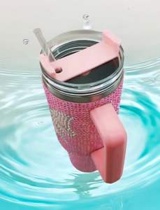 Gobelet isotherme rose 40oz avec poignée, strass, couvercle et paille, pour porte-gobelet de voiture, double paroi - Product Image 5