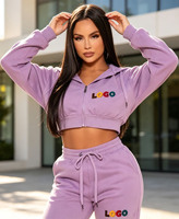 Ensemble de survêtement en coton personnalisé de haute qualité pour femme, avec sweat à capuche court zippé et pantalon de jogging à taille élastique avec cordon de serrage