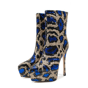 Bottines à talons hauts pour femmes, grande taille 45, à paillettes, coupe large, bout pointu, plateforme, imprimés zèbre et léopard - Product Image 6