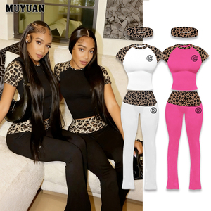 Özel Logo Leopar Desenli Raglan Kısa Kollu Üst ve Düz Katlanabilir Bel Pantolon 2 Parça Takım Ev Giysisi Nefes Alabilen Sokak Giysisi - Product Image 1