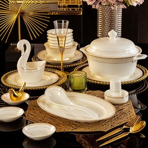 Gold Rimmed Porcelain Ceramic Dinnerware <b>Set</b> Dishwasher Safe for Hotel or Home Food <b>Serving</b>-Includes Plates and <b>Dishes</b> - Product Image 5