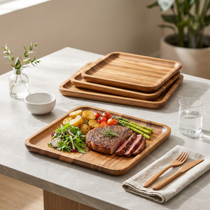 Ensemble de plateaux de service en bois d'acacia, modernes, multifonctionnels, empilables, à un seul niveau, finition polie, rangement, cuisine, maison, hôtel, restaurant - Product Image 6