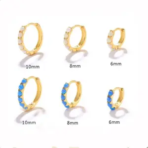 JCA New white blue opal hoop 925 sterling silver 18k gold plated Huggie earrings fine piercing jewelry for women