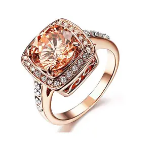 Wholesale Yellow Shinning Cubic Zirconia Crystals Rings For Women 18K Champagne Gold Plated Ring