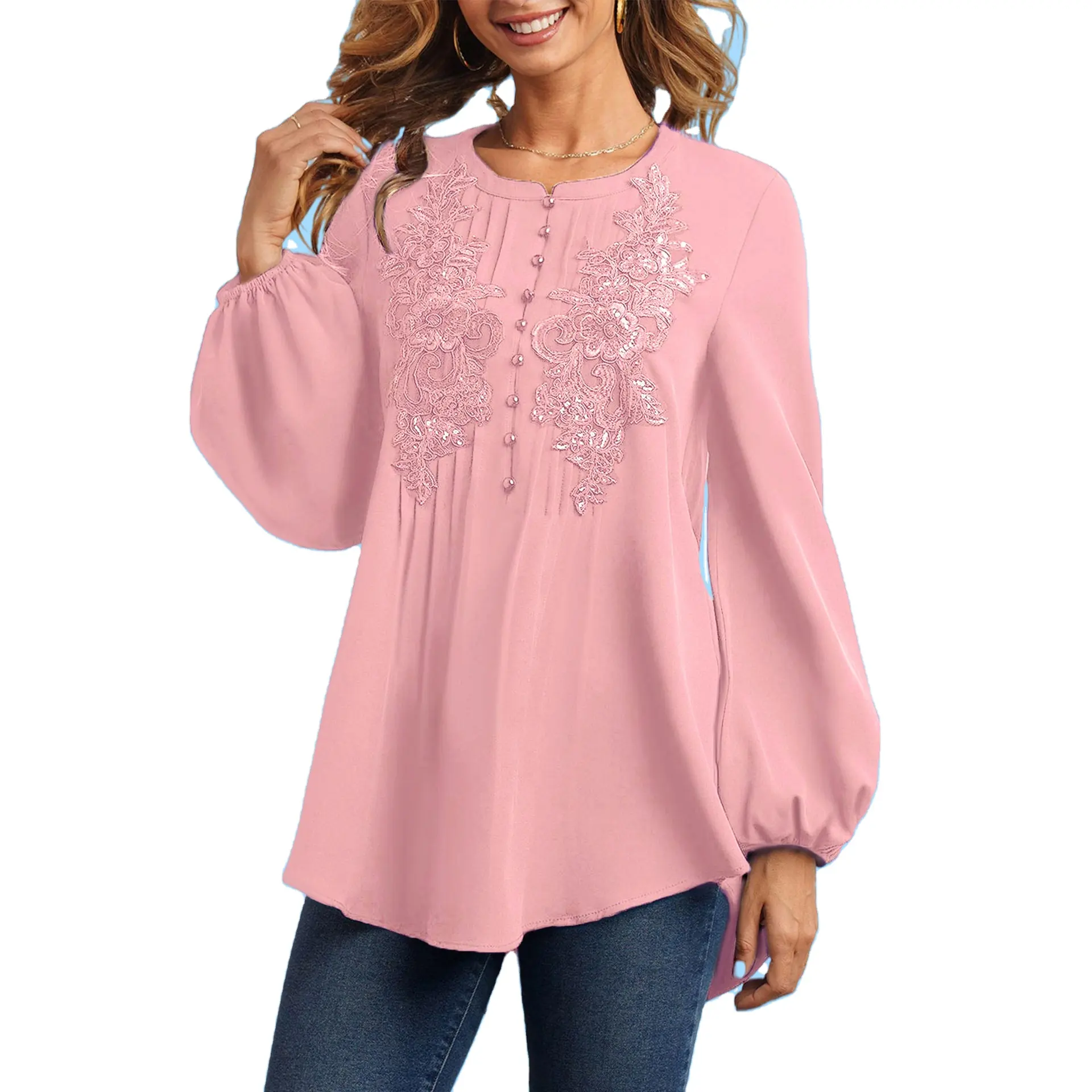 official long sleeve elegant women's blouses & shirts readymade ladies chiffon office blue pink long women's blouse and tops