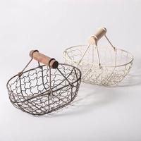 Golfvormige metalen draadmand met natuurlijke houten handvat, modern, milieuvriendelijk, huishoudelijk, voor fruit, groenten, snacks, opbergmand, cadeau mand