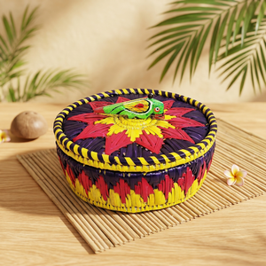 Round Handwoven Rattan Storage <b>Basket</b> with Lid Natural <b>Wicker</b> Organizer Durable Eco Friendly Decorative <b>Basket</b> Multi Functional - Product Image 3
