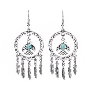 Boucles d'oreilles pendantes bohèmes en alliage plaqué argent antique pour femme, avec perles turquoise et plumes - Product Image 5
