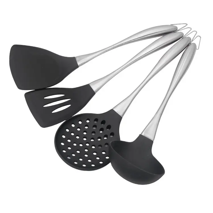 Cozinha Utensílios de Cozinha de Silicone Resistente Ao Calor com Aço Inoxidável 12.75 "Preto Com Fenda Turner/Espátula/Colher