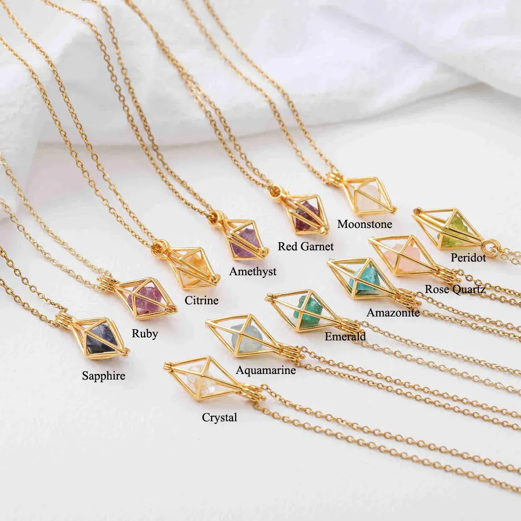 Gold Plated sterling silver 925 locket necklaces birthstone raw healing crystal stone holder necklace